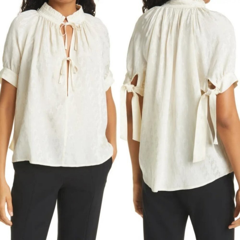 NEW Brigitte Herskind Tie Front Short Sleeve‎ Blouse Nordstrom Jacquard Gajol 38